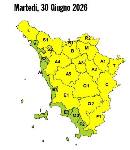 Allerta meteo gialla per la giornata di domani, martedì 30 giugno 2026