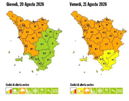 Allerta meteo di intensità gialle e arancione per oggi, giovedì 20 agosto e domani, venerdì 21 agosto 2026